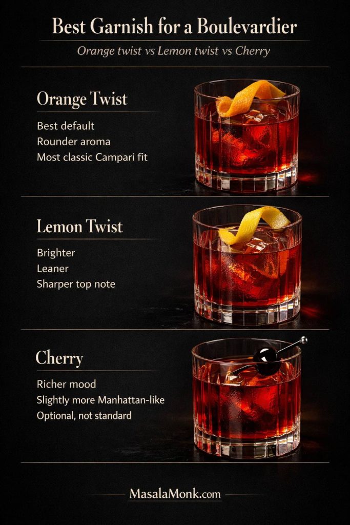 Boulevardier garnish guide comparing orange twist, lemon twist, and cherry.