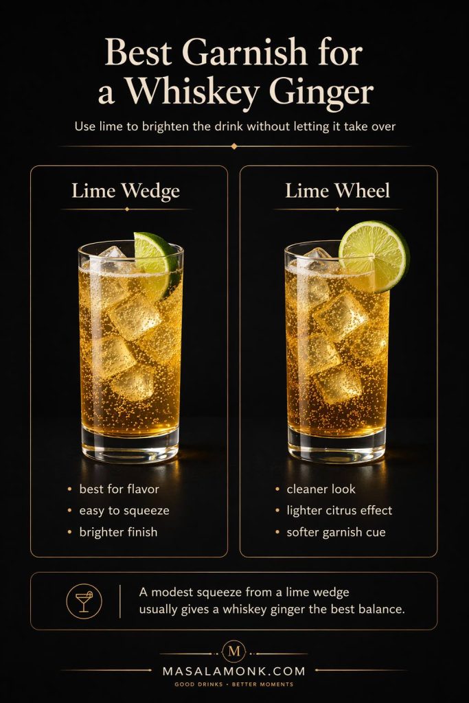 Best garnish for a whiskey ginger comparison showing a lime wedge versus a lime wheel on two tall whiskey ginger highballs, explaining flavor impact, citrus effect, and which garnish gives the best balance.