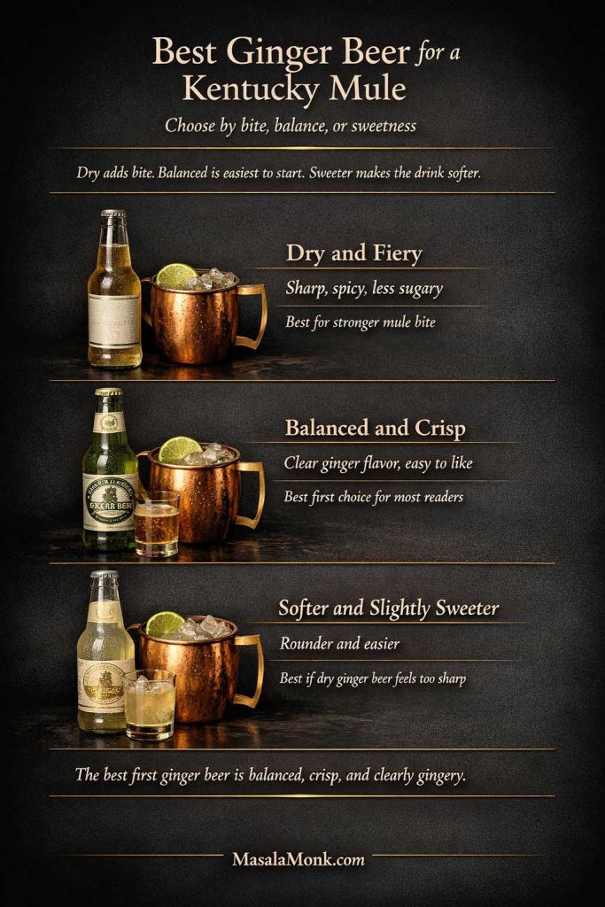 Ginger beer chooser guide for a Kentucky mule showing three styles: dry and fiery, balanced and crisp, and softer and slightly sweeter, with bottle and drink visuals on a dark editorial background.
