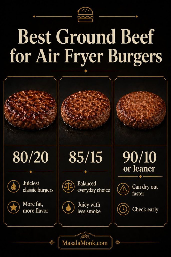 Best ground beef guide for air fryer burgers comparing 80/20 beef for juicy burgers, 85/15 beef for balanced burgers, and 90/10 or leaner beef that can dry out faster.