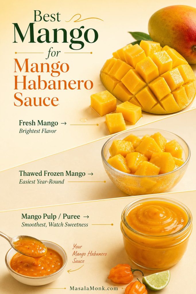 Best mango options for mango habanero sauce, showing fresh mango, thawed frozen mango, mango pulp or puree, and finished mango habanero sauce.