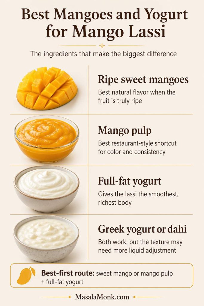 Guide comparing ripe sweet mangoes, mango pulp, full-fat yogurt, and Greek yogurt or dahi for mango lassi.
