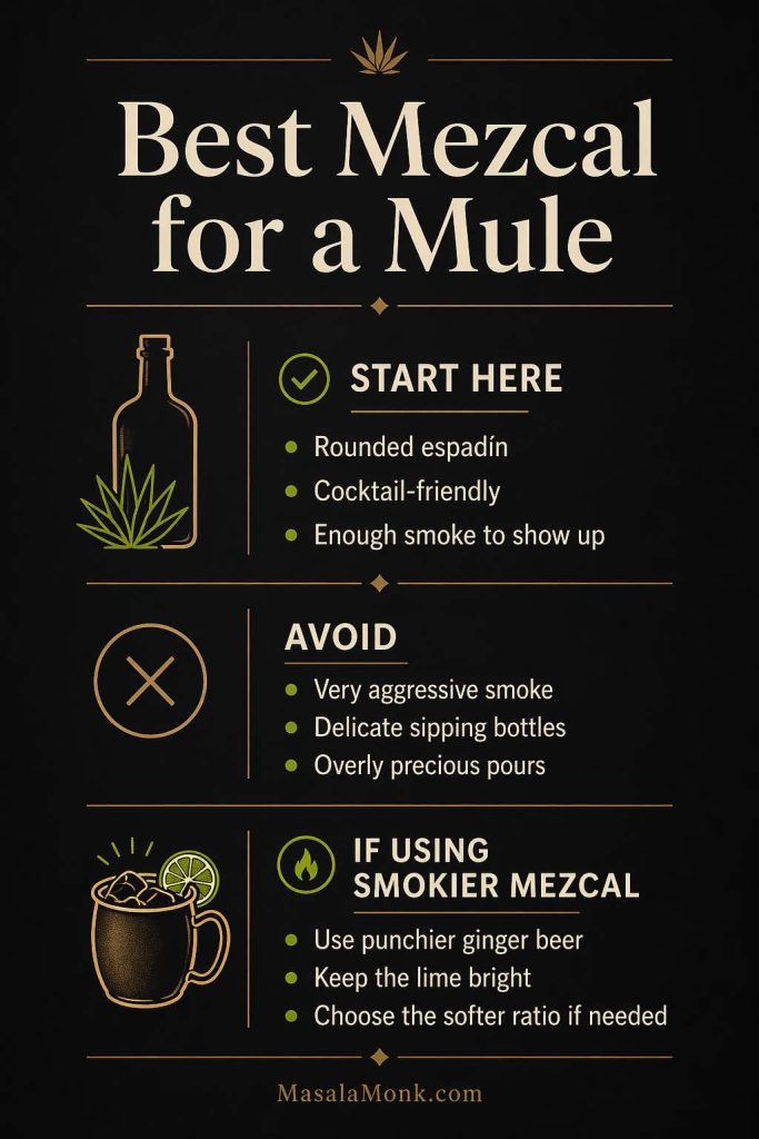Best mezcal for a mule guide showing rounded espadín as the best starting choice, what to avoid, and how to adjust if using smokier mezcal.