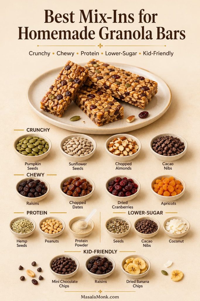Guide image showing the best mix-ins for homemade granola bars, grouped by crunchy, chewy, protein, lower-sugar, and kid-friendly options, including pumpkin seeds, sunflower seeds, chopped almonds, cacao nibs, raisins, chopped dates, dried cranberries, apricots, hemp seeds, peanuts, protein powder, coconut, mini chocolate chips, and dried banana chips.