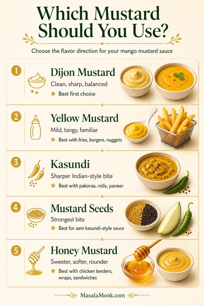 Mustard chooser guide for mango mustard sauce comparing Dijon mustard, yellow mustard, kasundi, mustard seeds, and honey mustard with best uses.