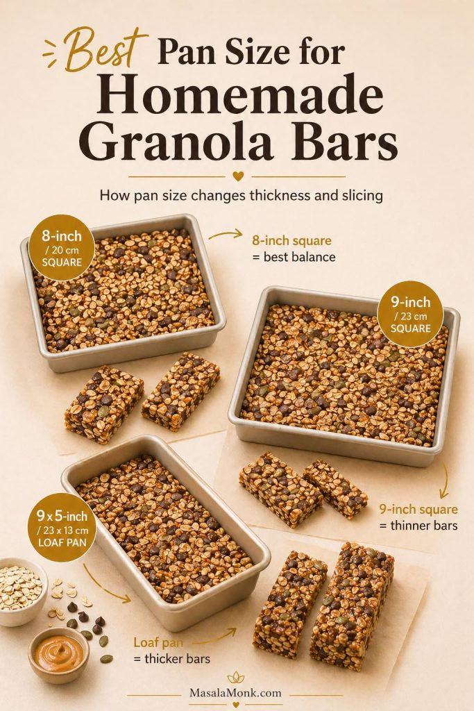 Comparison guide showing homemade granola bars in an 8-inch square pan, 9-inch square pan, and 9x5-inch loaf pan, with notes about thickness and slicing.