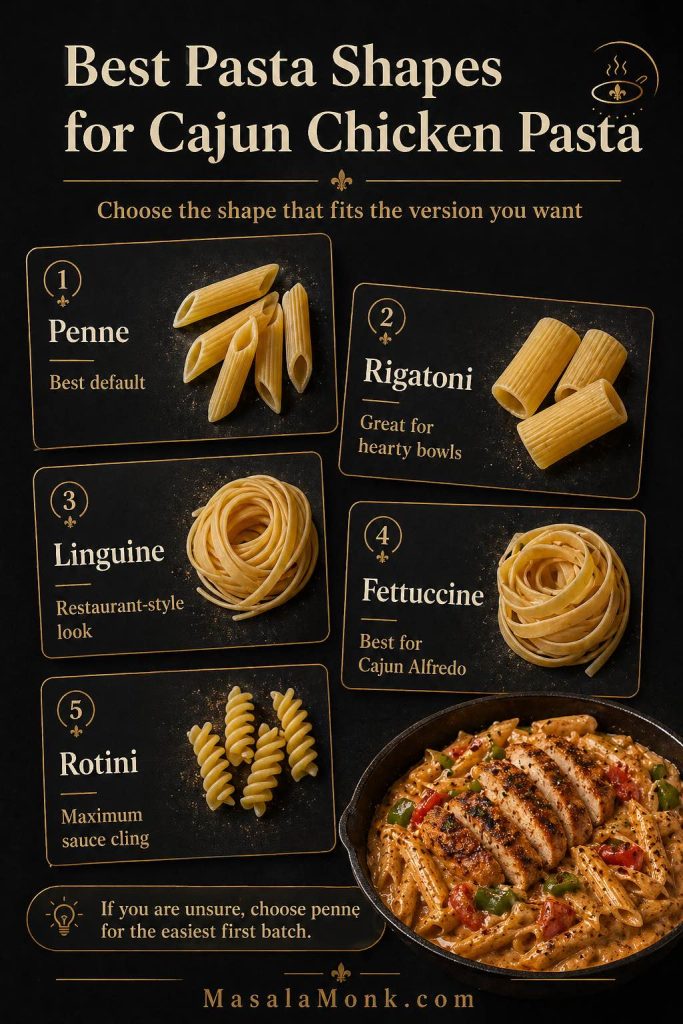 Best pasta shapes for Cajun chicken pasta, comparing penne, rigatoni, linguine, fettuccine, and rotini with their best uses.