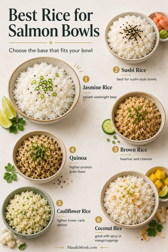 Best rice for salmon bowls guide with jasmine rice, sushi rice, brown rice, quinoa, cauliflower rice, and coconut rice options.