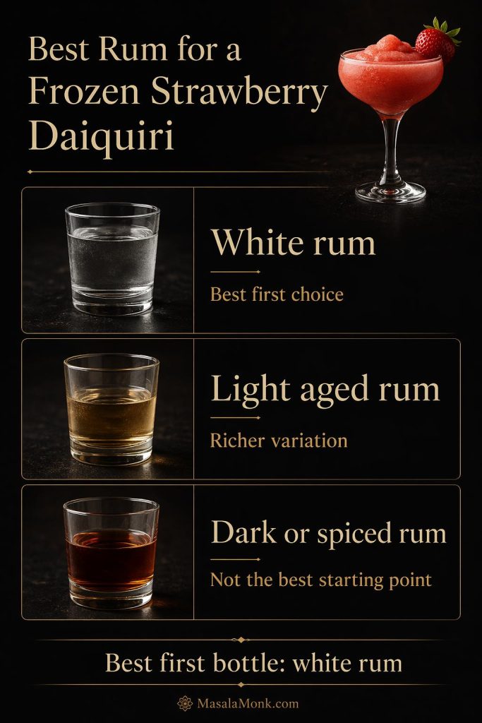 Best rum for frozen strawberry daiquiri guide comparing white rum, light aged rum, and dark or spiced rum, with white rum recommended as the best first choice.