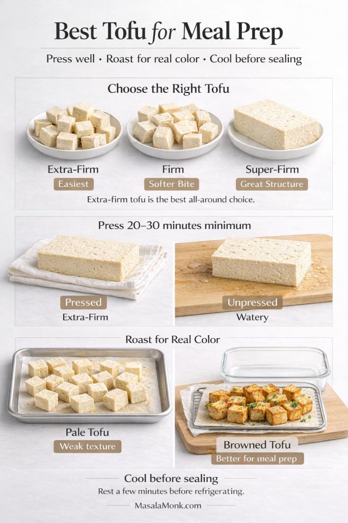 Best tofu for meal prep guide comparing extra-firm, firm, and super-firm tofu, plus pressed vs unpressed tofu and pale vs browned tofu for better meal prep texture.