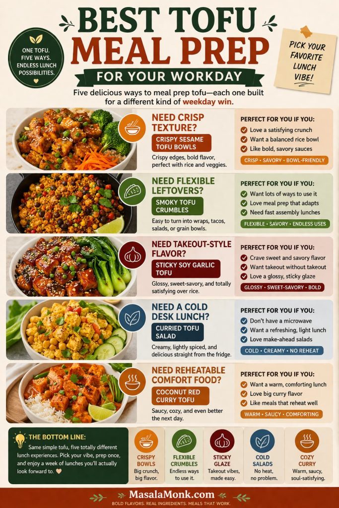 Premium editorial infographic showing the best tofu meal prep for your workday, comparing crispy sesame tofu bowls, smoky tofu crumbles, sticky soy garlic tofu, curried tofu salad, and coconut red curry tofu by texture, reheating style, and the kind of weekday lunch each option suits best.