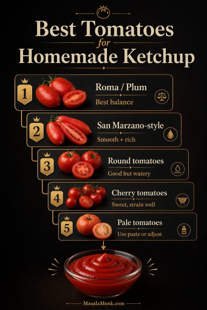 Guide to tomato types for homemade ketchup, including Roma tomatoes, plum tomatoes, San Marzano-style tomatoes, round tomatoes, cherry tomatoes, and pale tomatoes.