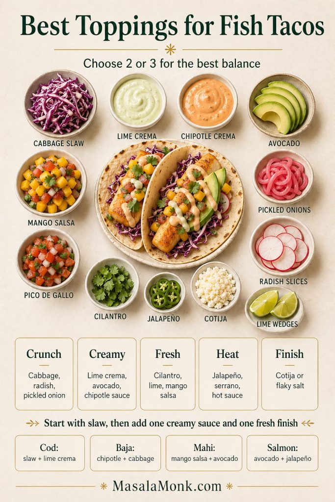 A best toppings for fish tacos guide showing cabbage slaw, lime crema, chipotle crema, avocado, mango salsa, pico de gallo, pickled onions, radish, cilantro, jalapeño, cotija, lime wedges, and finished fish tacos.