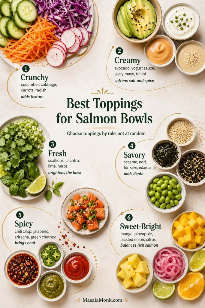 Best toppings for salmon bowls guide with crunchy, creamy, fresh, savory, spicy, and sweet-bright toppings like cucumber, avocado, scallions, sesame, chili crisp, mango, and pickled onion.