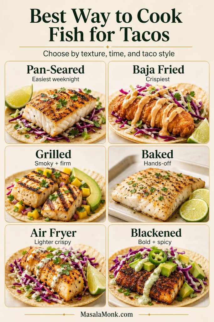 A cooking method guide for fish tacos comparing pan-seared, Baja fried, grilled, baked, air fryer, and blackened fish tacos with notes for easiest weeknight, crispiest, smoky, hands-off, lighter crispy, and bold spicy methods.
