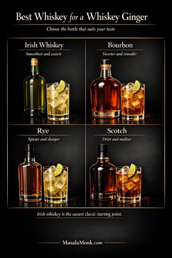Best whiskey for whiskey ginger guide comparing Irish whiskey, bourbon, rye, and scotch by how each changes the drink.