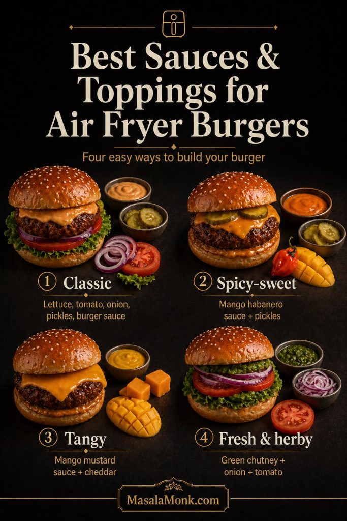 Air fryer burger sauce and topping guide showing classic burger sauce, mango habanero sauce, mango mustard sauce, green chutney, pickles, onion, tomato, and lettuce.