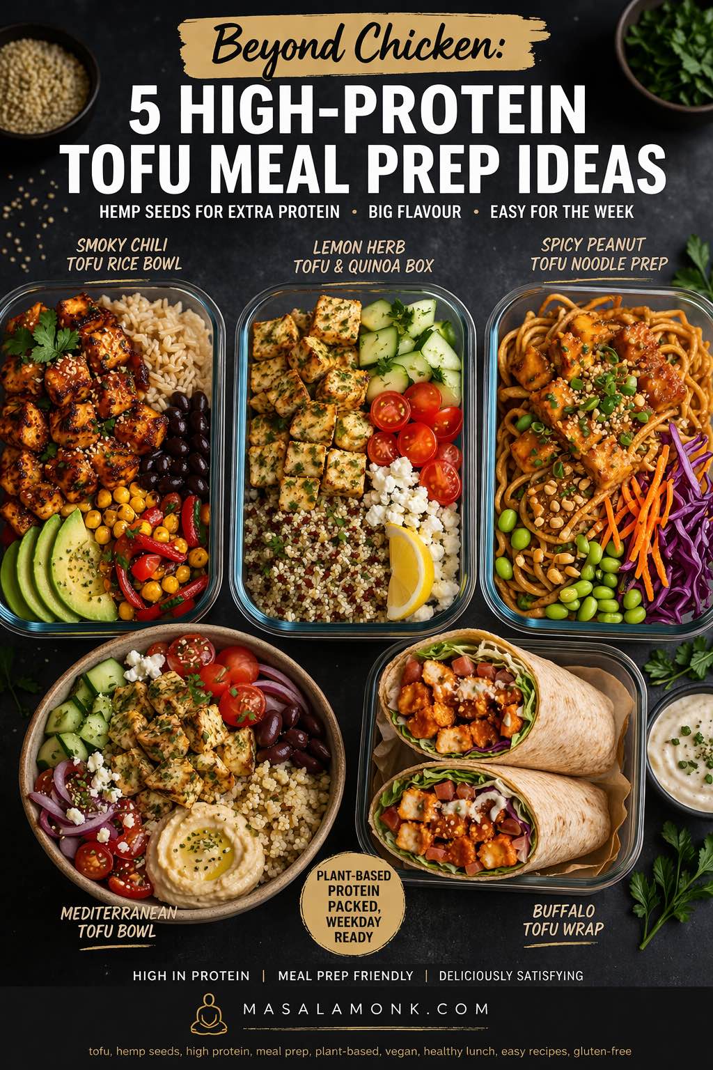Beyond Chicken cover image showing five hemp seed high-protein tofu meal prep ideas, including a smoky chili tofu rice bowl, lemon herb quinoa box, spicy peanut tofu noodle prep, Mediterranean tofu bowl, and buffalo tofu wrap.