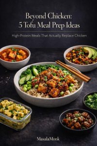 Beyond Chicken cover image showing five tofu meal prep ideas, including crispy sesame tofu bowls, sticky soy garlic tofu, curried tofu salad, taco-style tofu crumbles, and red curry tofu as high-protein chicken-free meals.