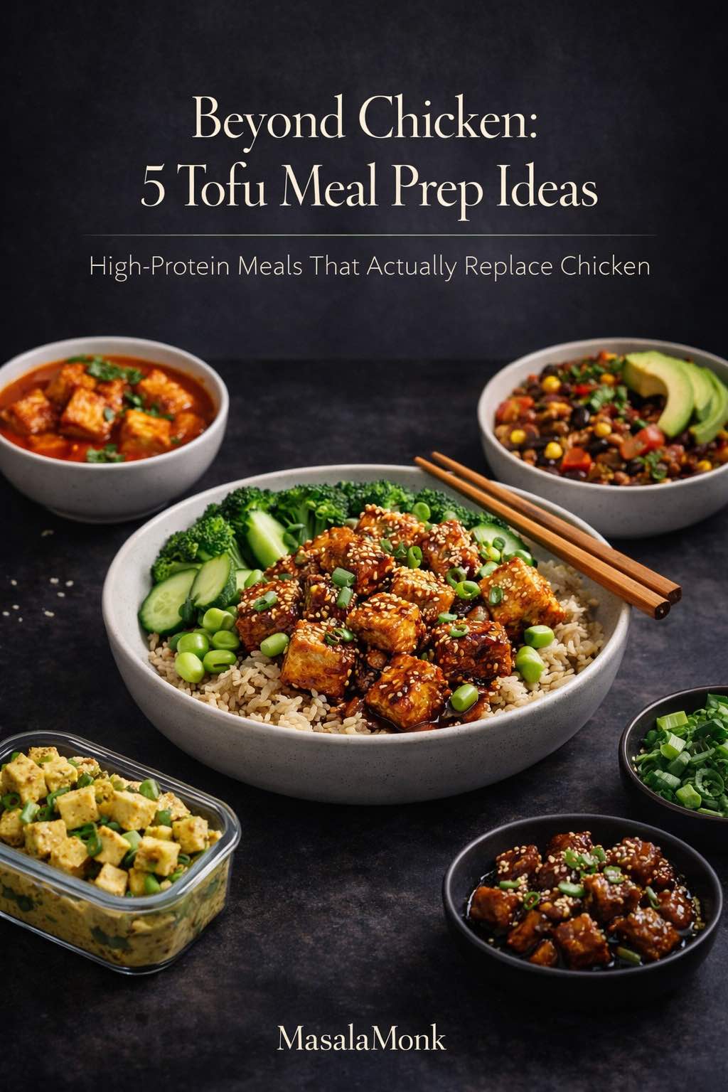 Beyond Chicken cover image showing five tofu meal prep ideas, including crispy sesame tofu bowls, sticky soy garlic tofu, curried tofu salad, taco-style tofu crumbles, and red curry tofu as high-protein chicken-free meals.