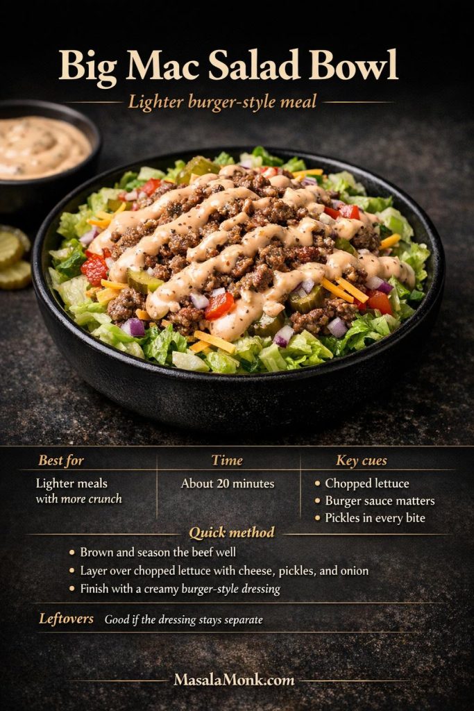 Big Mac salad bowl with chopped lettuce, browned ground beef, pickles, red onion, shredded cheddar, burger-style dressing, and a mini recipe card for a lighter keto burger meal.