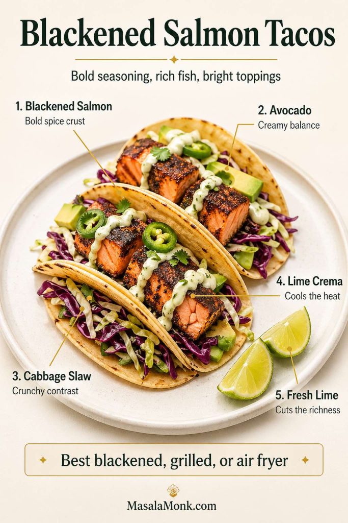 A blackened salmon tacos guide showing spice-crusted salmon in warm tortillas with avocado, cabbage slaw, lime crema, jalapeño, cilantro, and fresh lime, with notes that salmon works best blackened, grilled, or air fried.