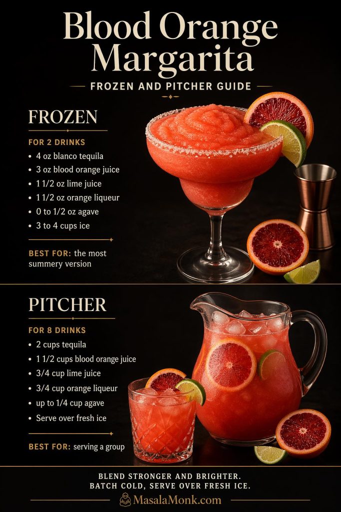 Blood orange margarita frozen and pitcher guide showing a frozen blood orange margarita for two drinks and a pitcher version for eight drinks, with ingredient amounts, serving notes, and matching drink visuals on a dark editorial background.