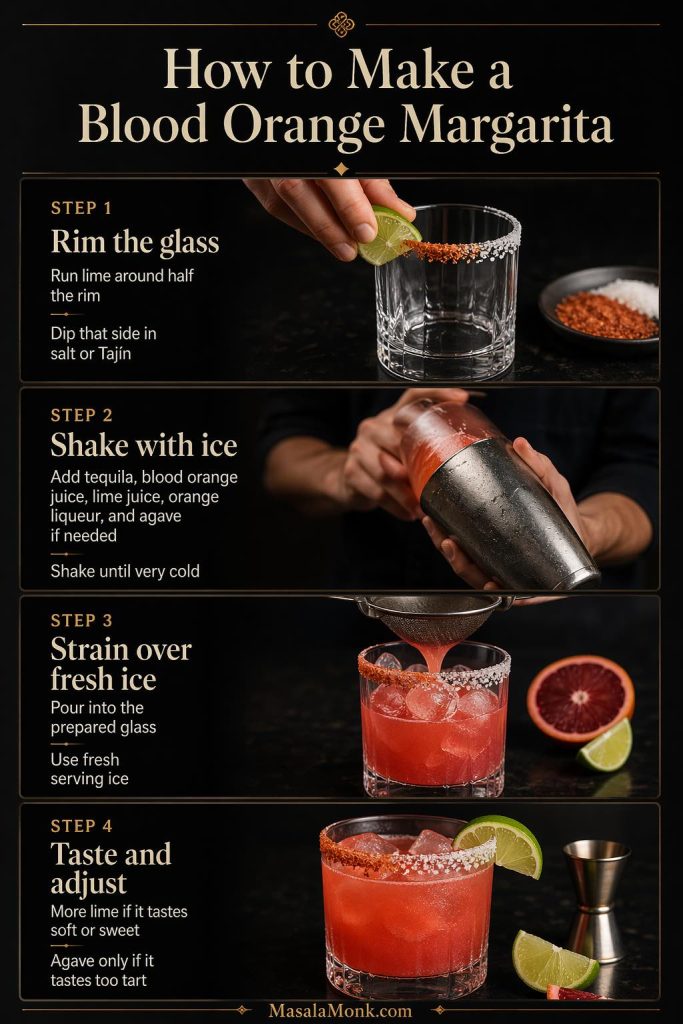 Step-by-step blood orange margarita method guide showing how to rim the glass, shake with ice, strain over fresh ice, and taste and adjust, with process photos and short instructions on a dark editorial background.