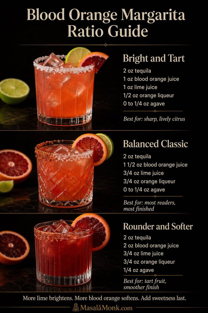 Blood orange margarita ratio guide showing three recipe builds—Bright and Tart, Balanced Classic, and Rounder and Softer—with different ingredient ratios, serving glasses, and visual drink styles on a dark editorial background.
