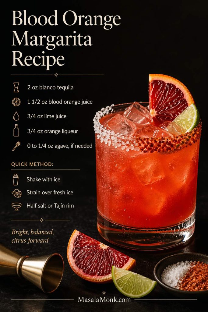Blood orange margarita recipe card image showing a ruby-orange margarita over ice in a rocks glass with a half salt and Tajín rim, blood orange slice, lime wedge, and on-image ingredient measurements and quick method.