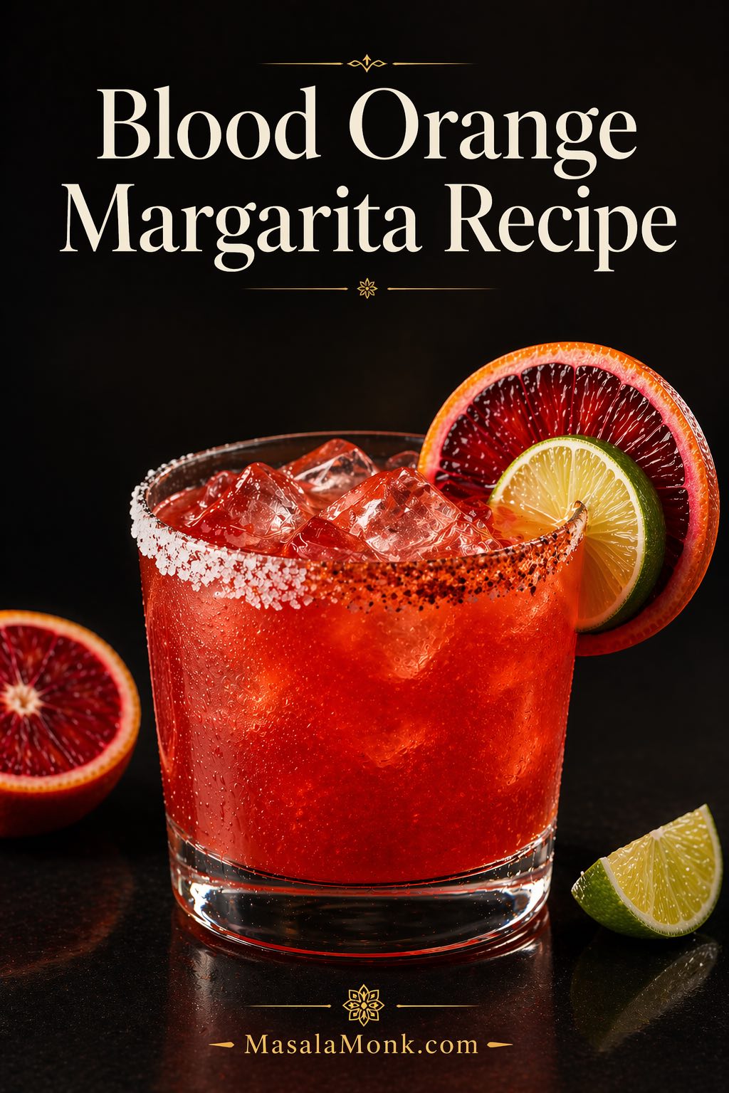 Blood orange margarita in a rocks glass with ice, a half salt and Tajín rim, blood orange and lime garnish, and a dark editorial background.