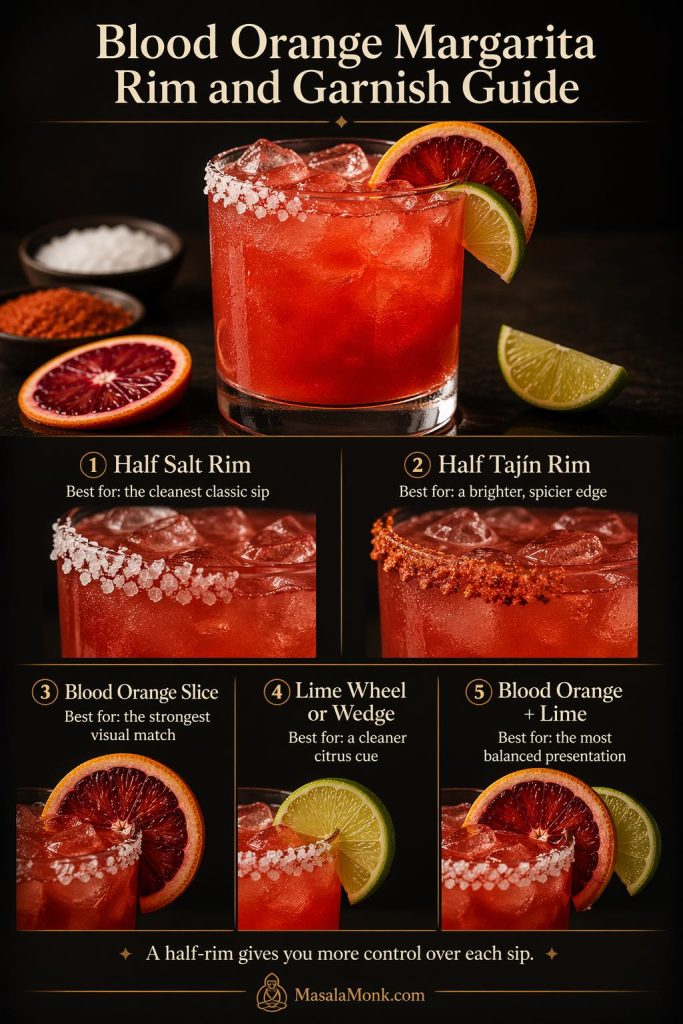 Blood orange margarita rim and garnish guide showing a finished blood orange margarita with a half salt rim, plus close-up comparisons of half salt versus half Tajín rims and garnish options including blood orange slice, lime wheel, and both together.