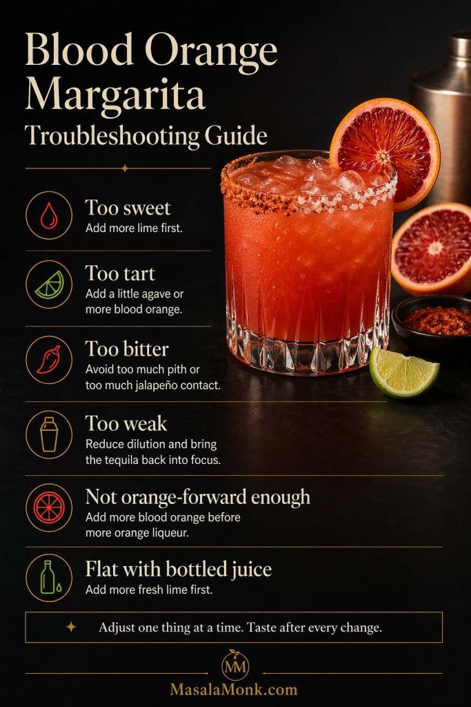 Blood orange margarita troubleshooting guide showing one blood orange margarita in a rocks glass with a half salt and Tajín rim beside fixes for common problems like too sweet, too tart, too bitter, too weak, not orange-forward enough, and flat bottled juice.