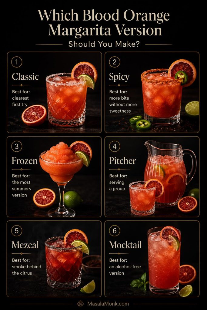 Blood orange margarita variations guide showing six versions of the drink—classic, spicy, frozen, pitcher, mezcal, and mocktail—with photos and short notes on when to choose each version.