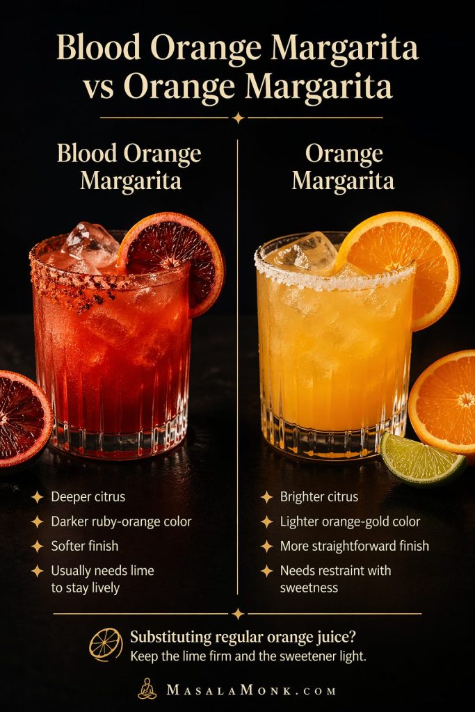 Comparison guide showing a blood orange margarita and a regular orange margarita side by side, with notes on deeper versus brighter citrus, darker ruby-orange versus lighter orange-gold color, and how each version affects sweetness and lime balance.
