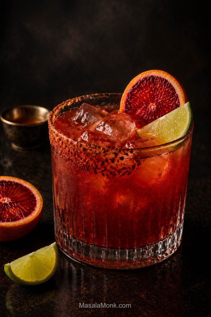 Blood orange mezcal margarita in a rocks glass with a Tajín half rim, blood orange slice, lime wedge, and ice on a dark editorial background.
