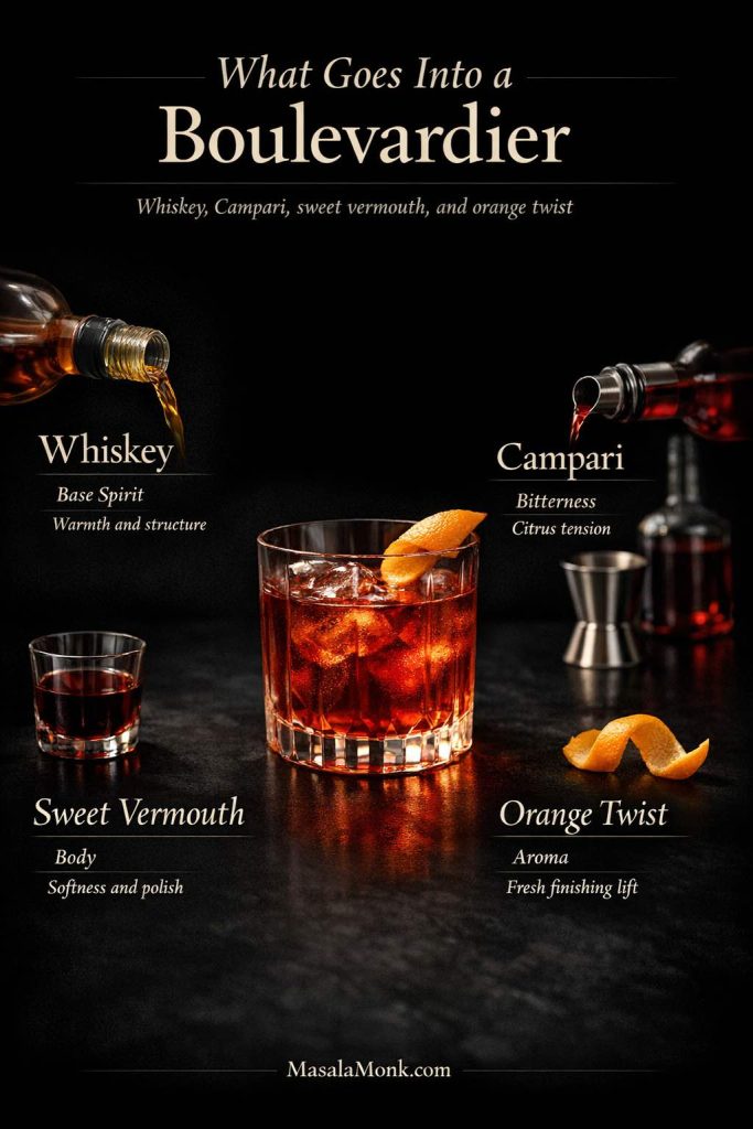Boulevardier ingredients guide showing whiskey, Campari, sweet vermouth, and orange twist around a finished cocktail.