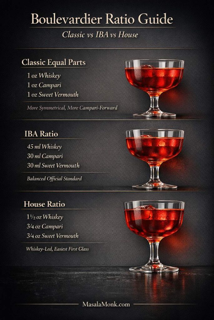 Boulevardier ratio guide comparing equal parts, the IBA build, and a whiskey-forward house ratio.