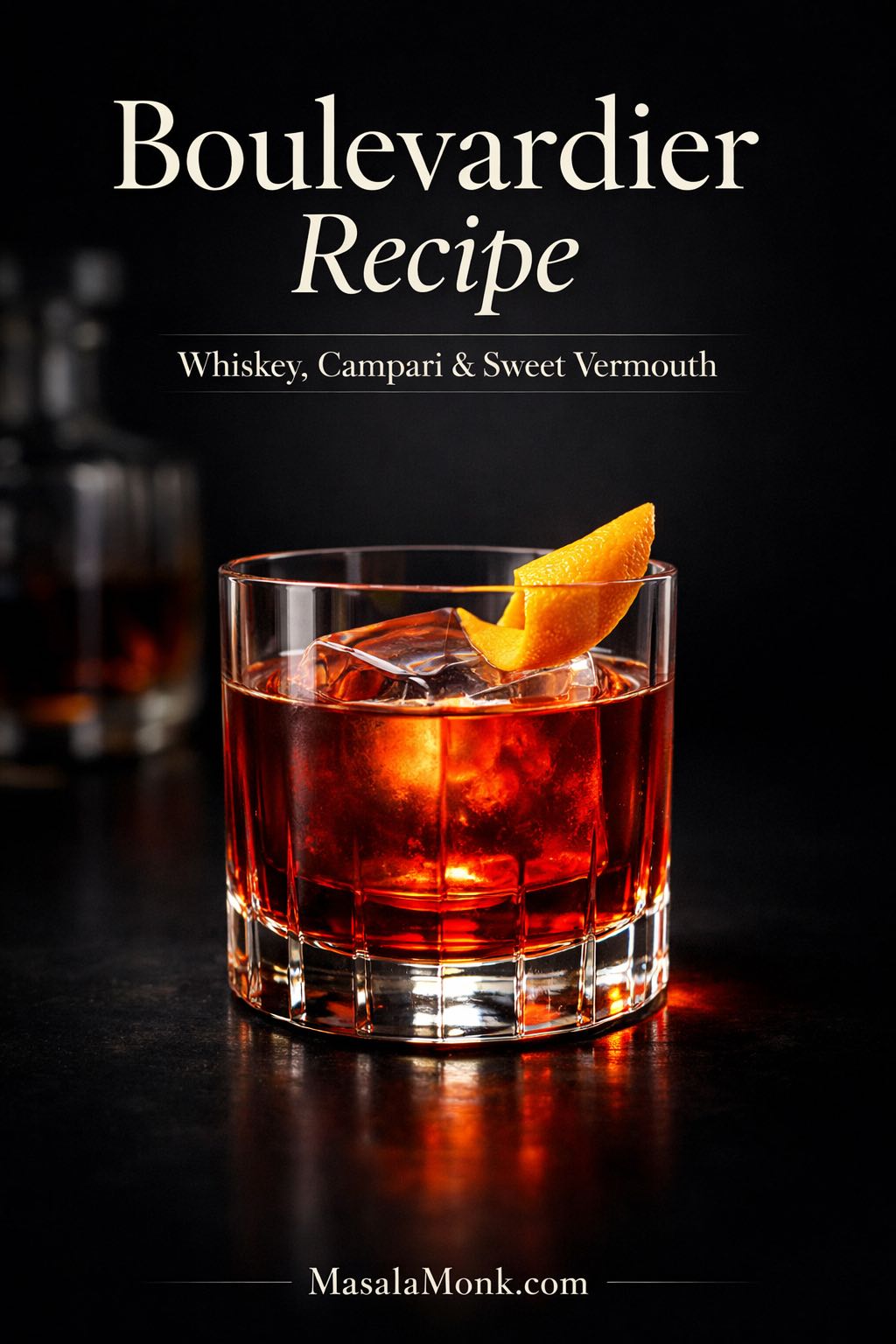 Boulevardier recipe hero image showing a ruby-red Boulevardier in a rocks glass with a large ice cube and orange twist.