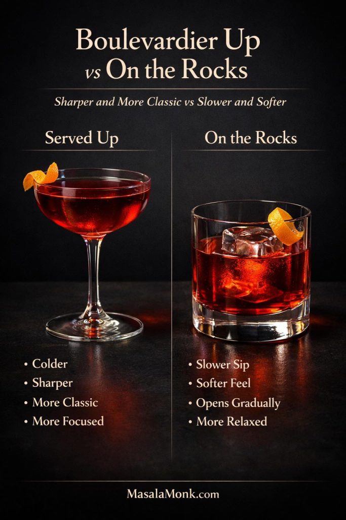 Boulevardier up vs on the rocks guide comparing a chilled coupe serve with a rocks-glass serve over one large cube.