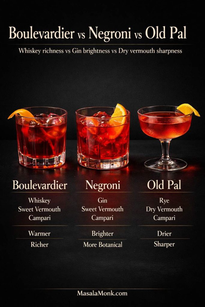 Boulevardier, Negroni, and Old Pal comparison showing whiskey with sweet vermouth, gin with sweet vermouth, and rye with dry vermouth, all with Campari.