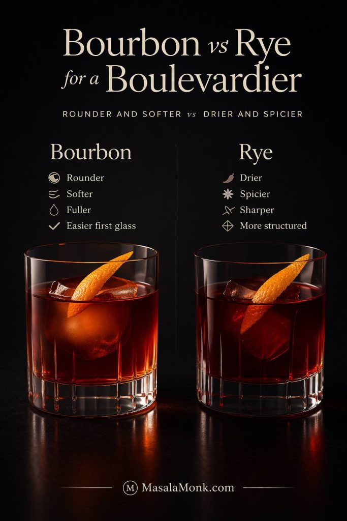 Bourbon vs rye Boulevardier guide showing bourbon as rounder and softer, and rye as drier and spicier.