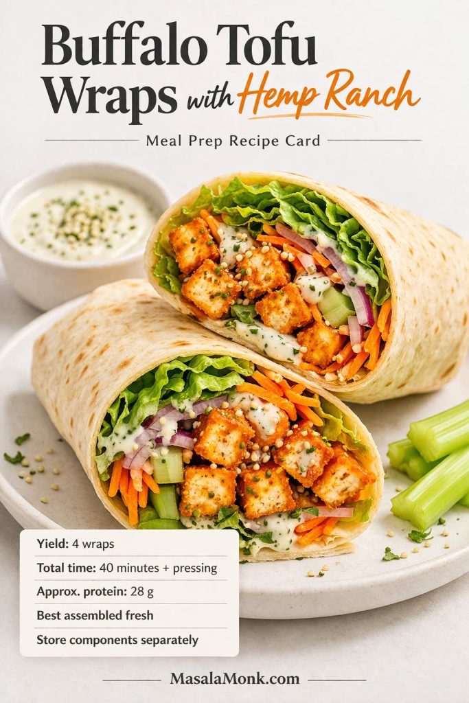 Buffalo tofu wraps with hemp ranch recipe card showing cut wraps filled with spicy tofu, lettuce, carrots, celery, red onion, and creamy ranch for tofu meal prep.
