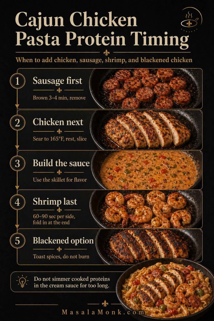 Cajun chicken pasta protein timing guide showing when to brown sausage, sear chicken, cook shrimp separately, and add blackened chicken back to the sauce.