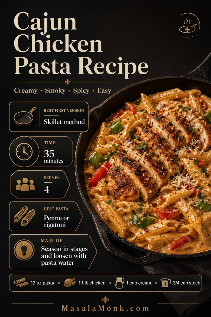 Cajun chicken pasta recipe guide showing skillet method, 35-minute timing, four servings, penne or rigatoni, and the pasta water tip.