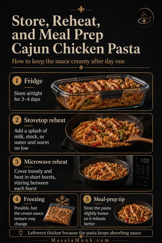 Storage and reheating guide for Cajun chicken pasta with fridge, stovetop, microwave, freezing, and meal prep tips.