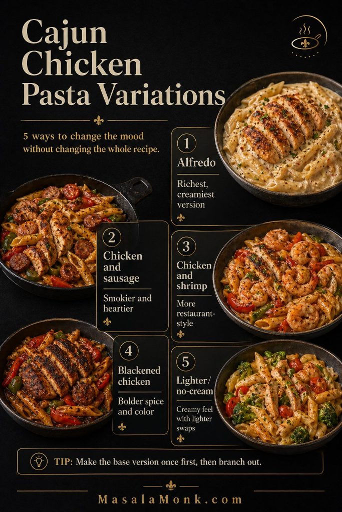 Cajun chicken pasta variations guide showing Alfredo, chicken and sausage, chicken and shrimp, blackened chicken, and lighter no-cream versions.