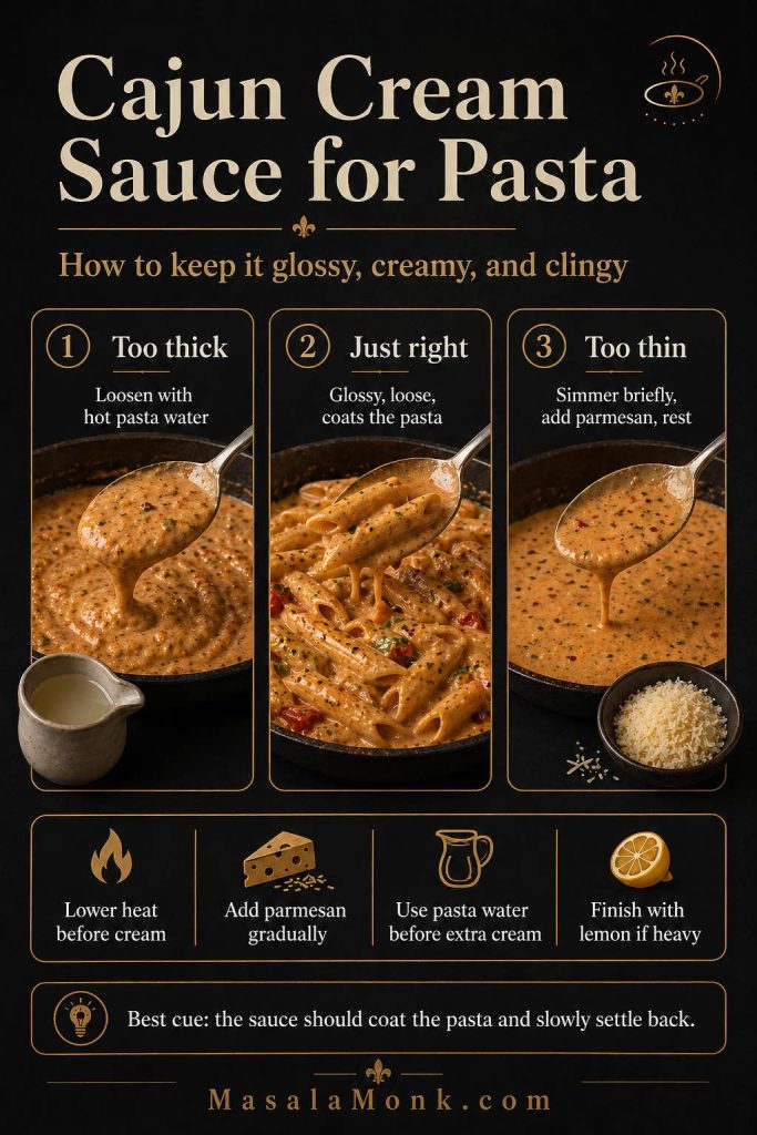 Cajun cream sauce texture guide showing too thick, just right, and too thin sauce, with tips for pasta water, parmesan, gentle heat, and lemon.