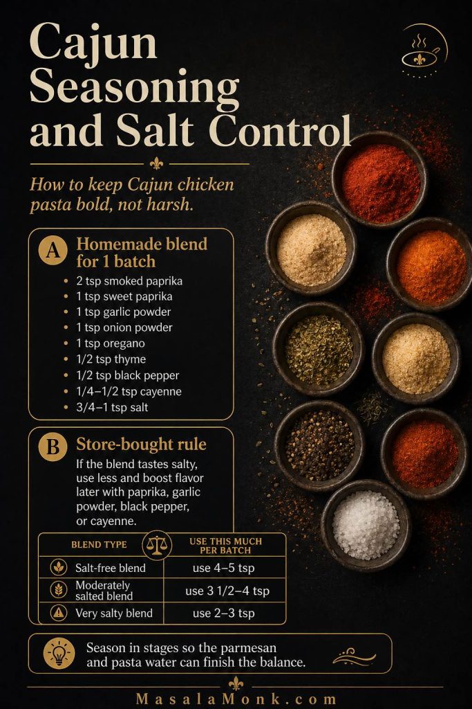 Cajun seasoning and salt control guide with homemade spice blend amounts and store-bought seasoning ranges for Cajun chicken pasta.