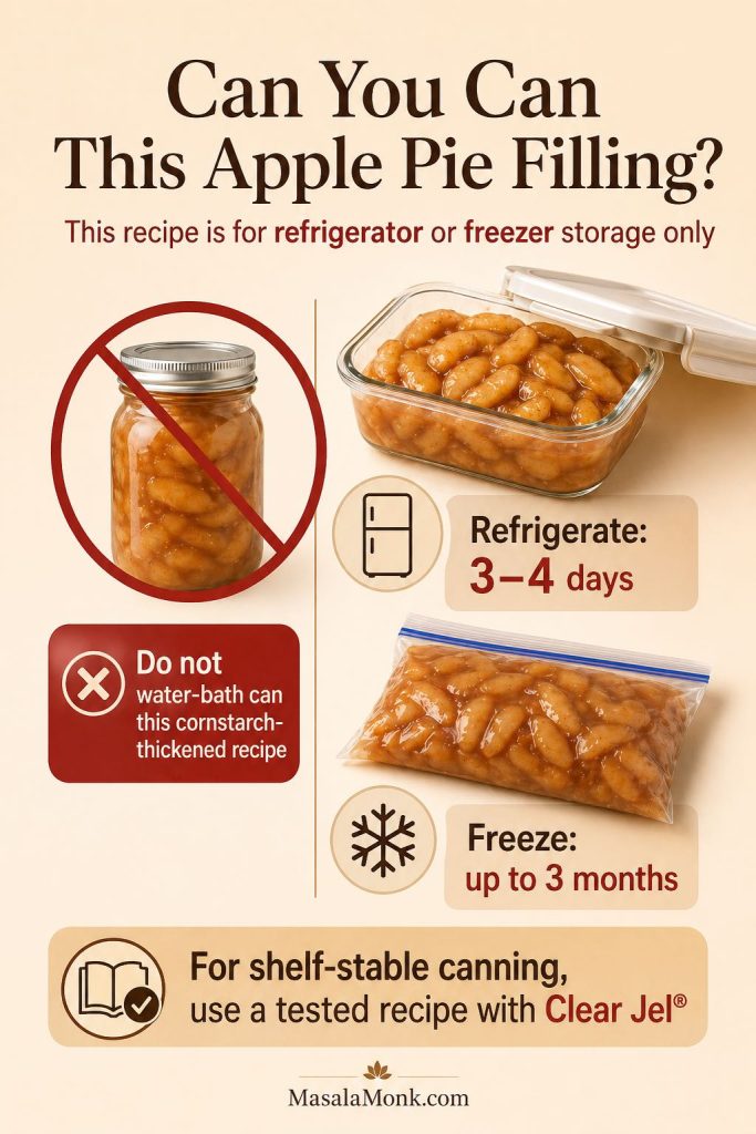 Canning safety guide for apple pie filling warning not to water-bath can this cornstarch-thickened recipe, with refrigerator, freezer, and tested Clear Jel recipe guidance.